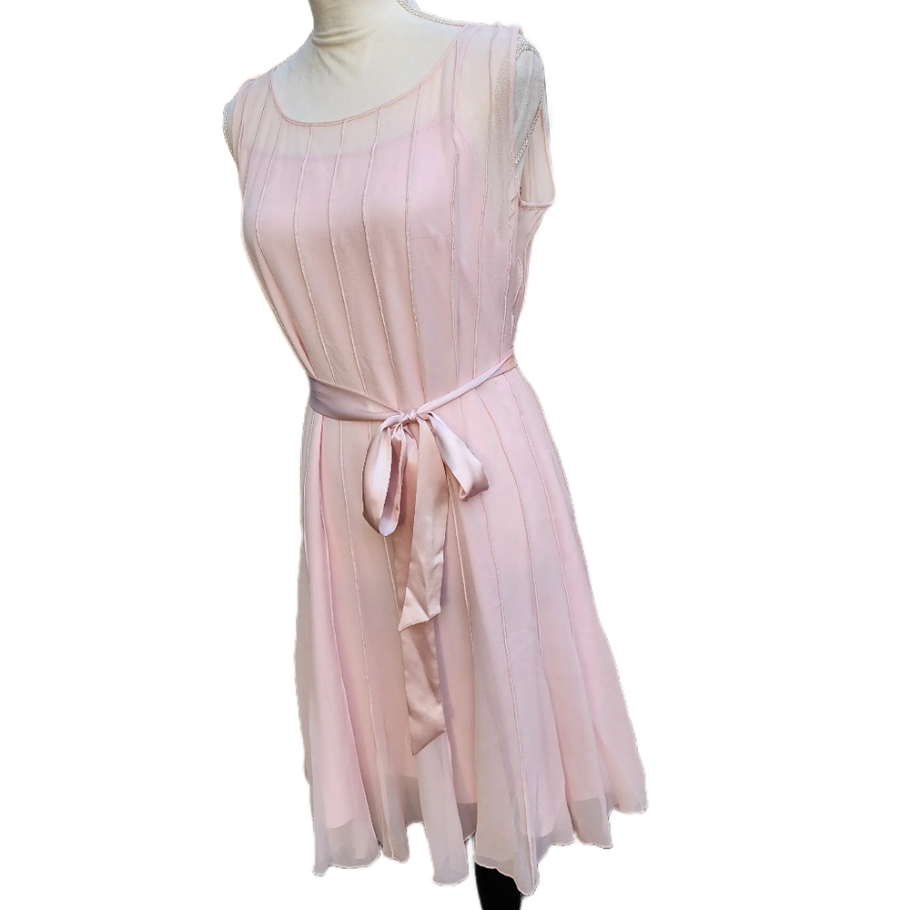 Calvin Klein. Light Pink, Silk knee length dress w/ sheer overlay. Size: 10